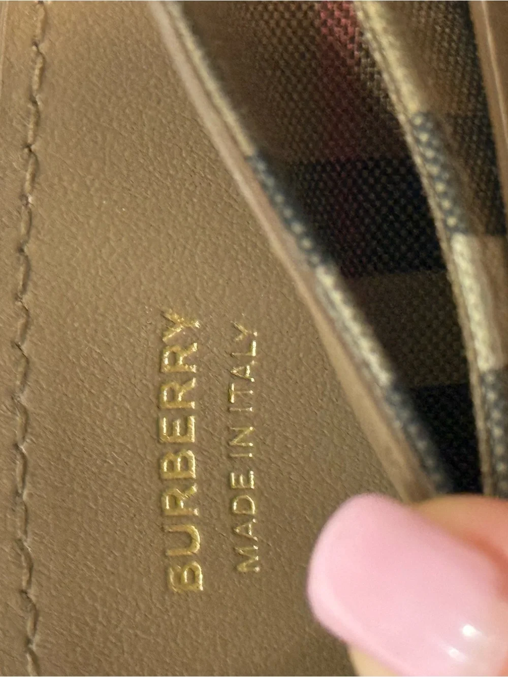 Burberry Brown Pebbled Leather & Check Card Holder with Pink Accent